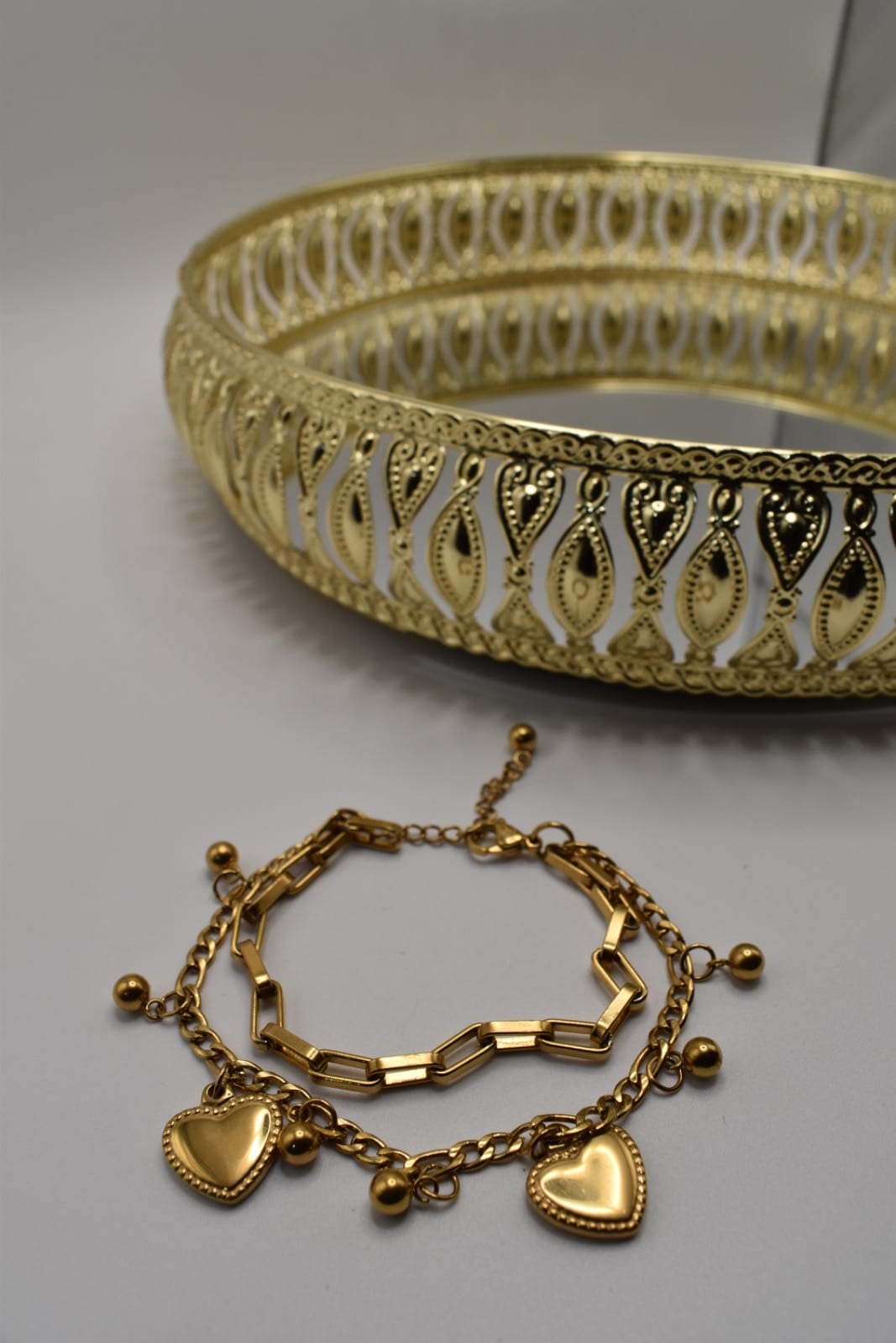 Gold Double Chain Heart Charm Bracelet