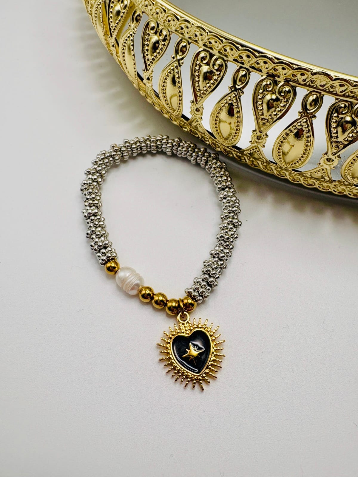 Silver and Gold Beaded Heart Pendant Bracelet