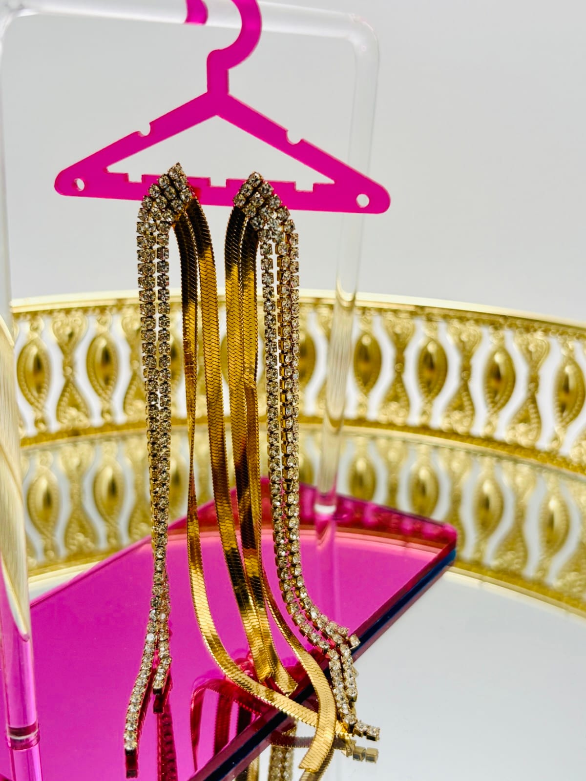 Long Screw-Back Earrings with Cubic Zirconia and Hanging Chains