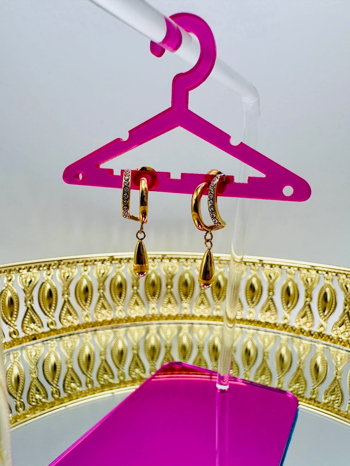 Gold Earrings with Double Hoop and Hanging Charm