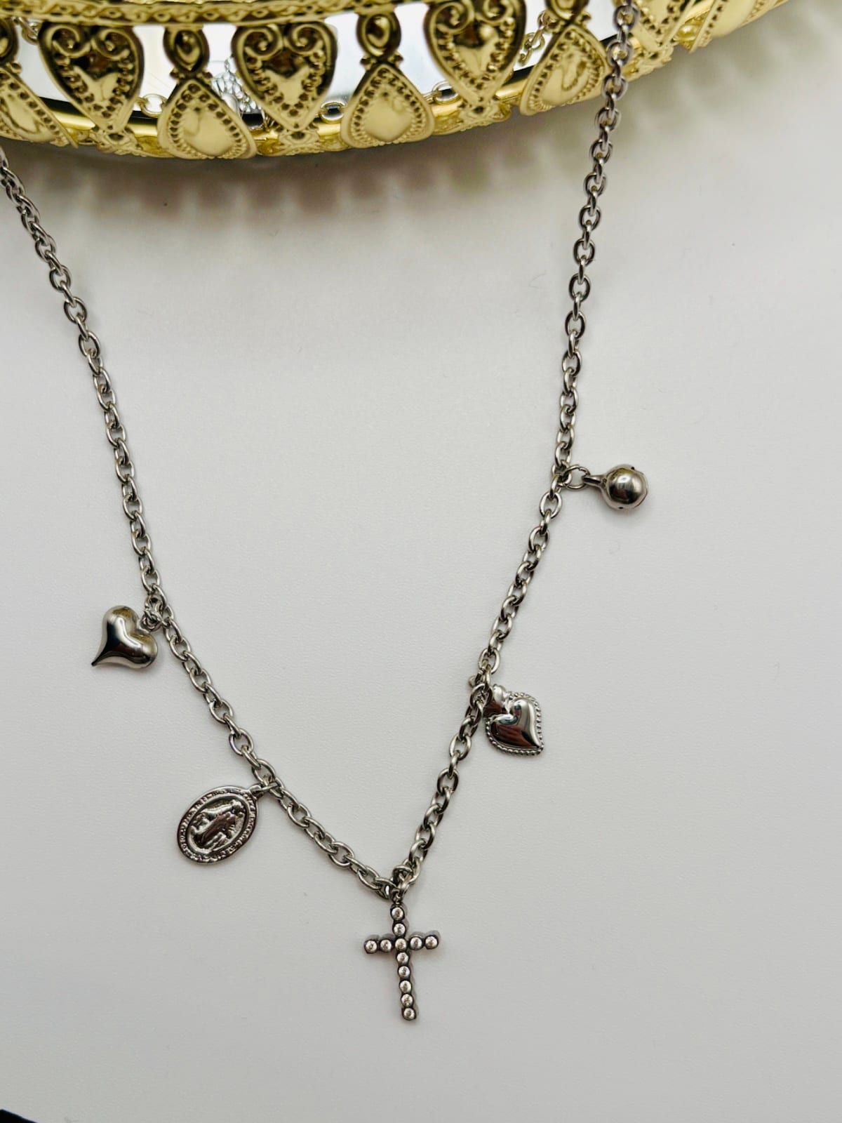 Silver Necklace with Cross and Mixed Charms