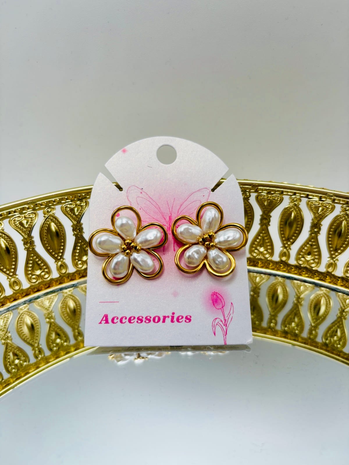 Gold Earrings with White Flowers
