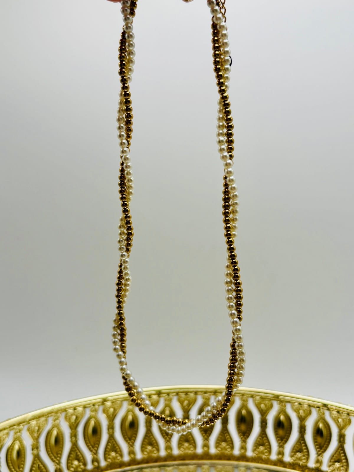 Double Gold Chain with White Pearl Wrap