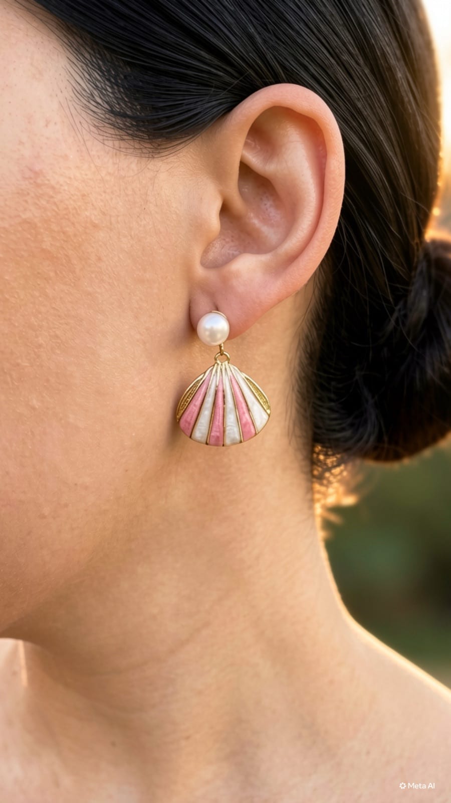 Elegant Pearl & Pink Enamel Seashell Drop Earrings