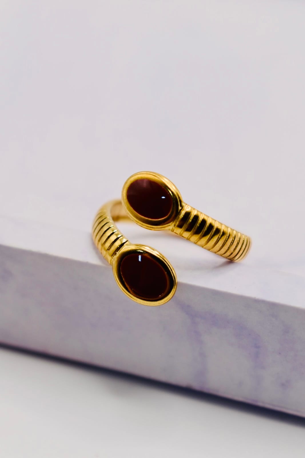 Gold Puffer Ring with Burgundy Stones