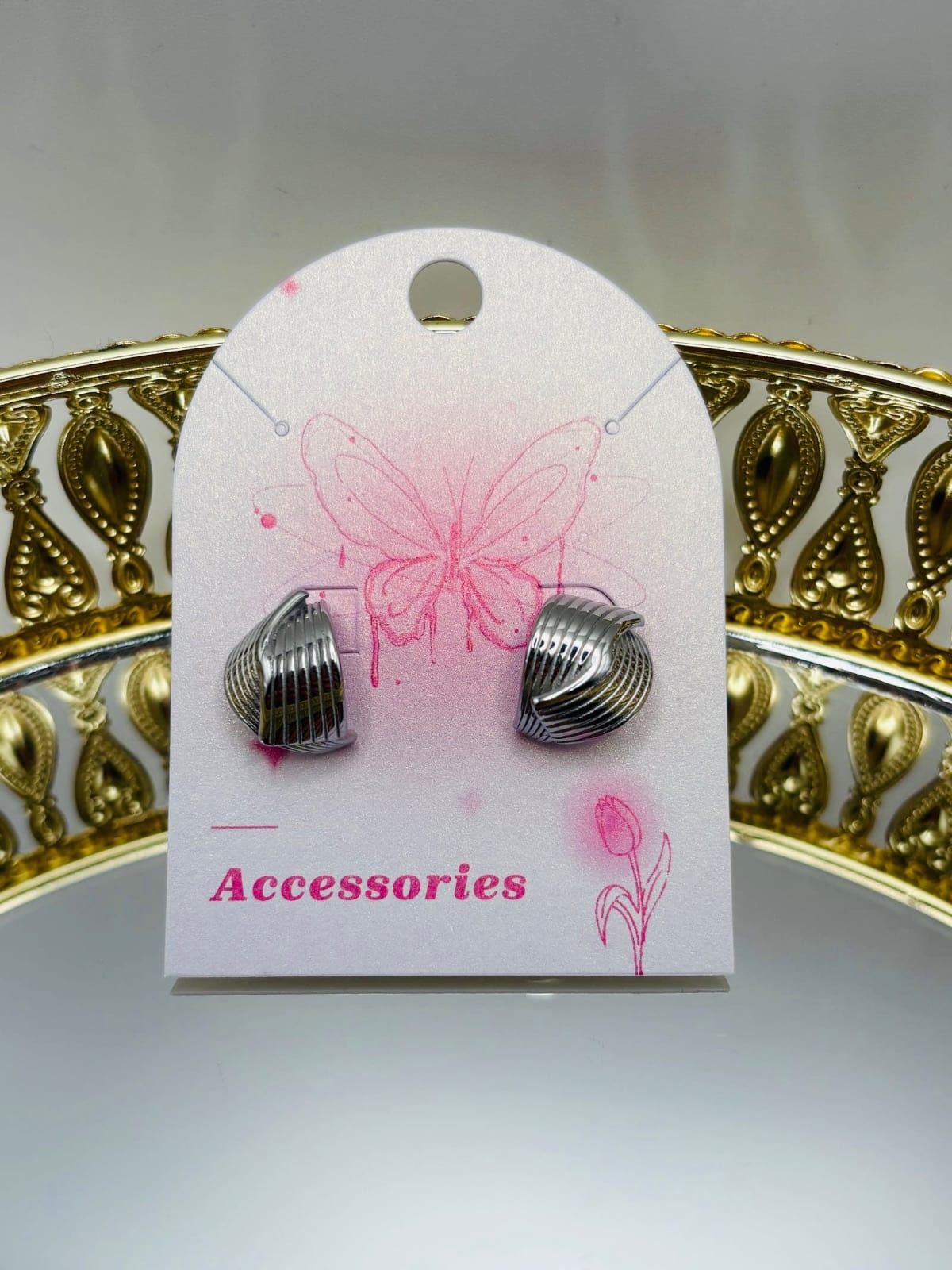Ribbed Silver Curved Earrings